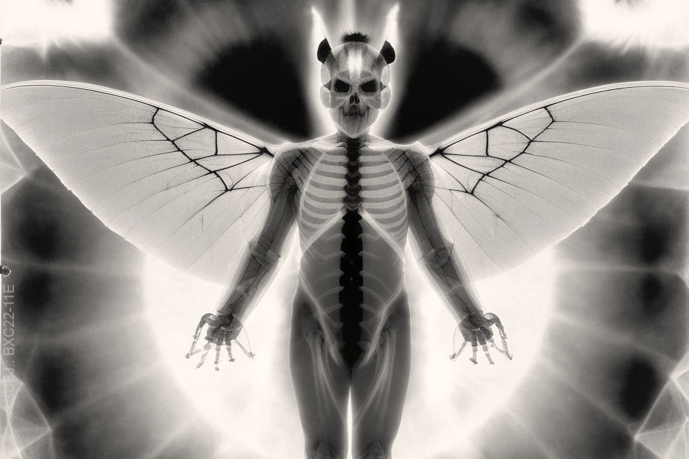 Skeletal Figure with Butterfly Wings in Black and White