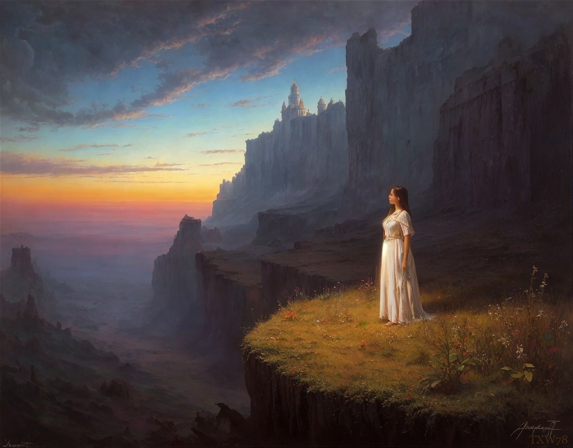 Woman in white gown gazes at distant castle on mountain cliff at dusk