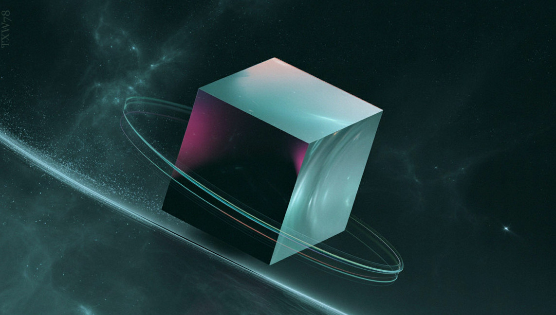 Surreal Cosmic Scene with Translucent Floating Cube