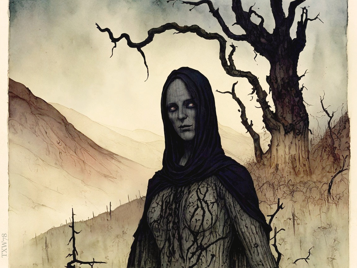 Haunting Figure in Cloak Amidst Barren Landscape
