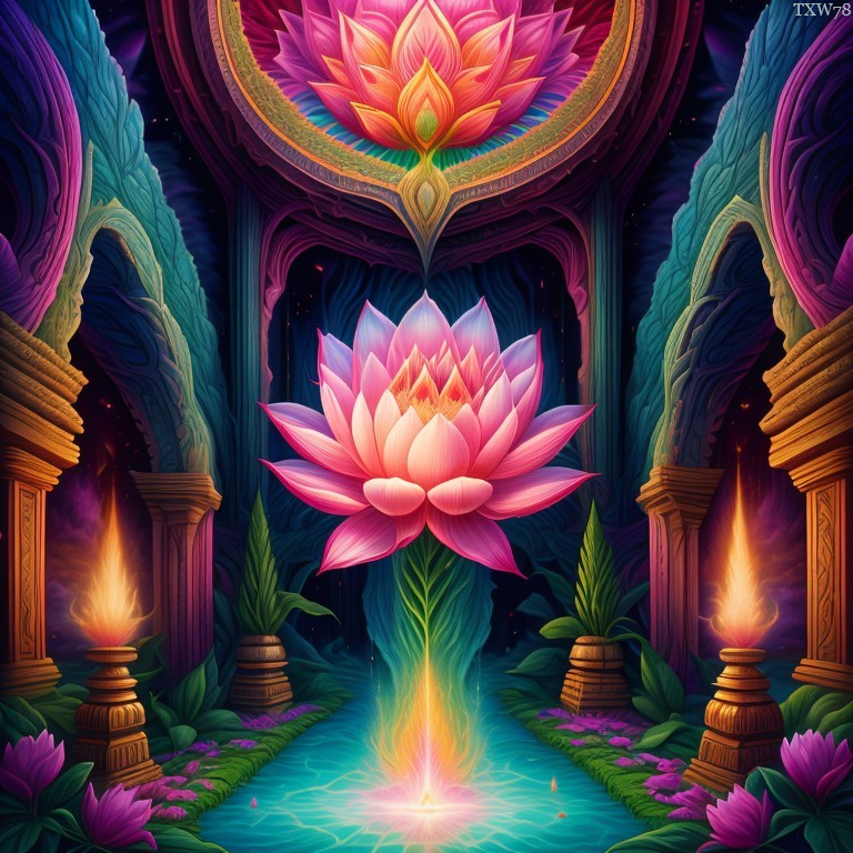 Vibrant Mystical Scene with Pink Lotus Flower and Pillars