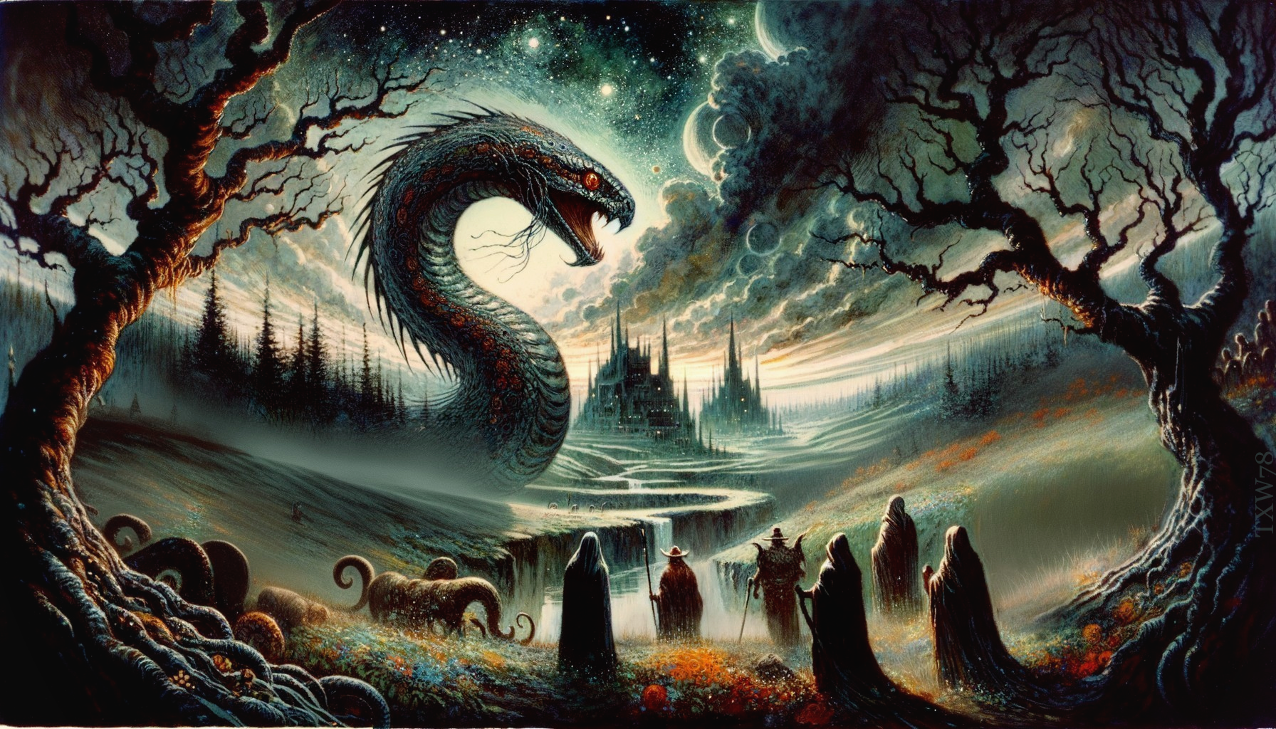 Colossal Serpent Over Enchanted Forest and Castle