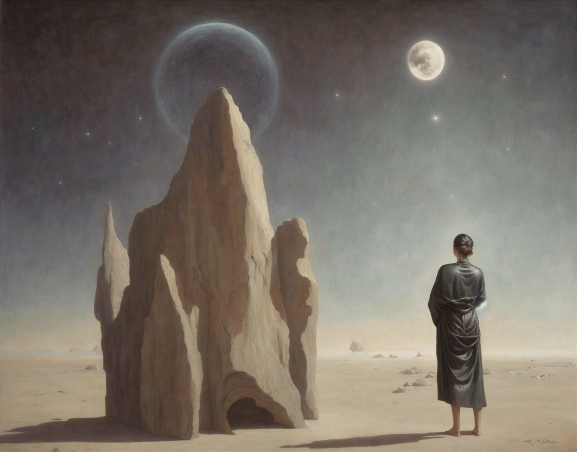 Solitary Figure in Barren Landscape Under Stars