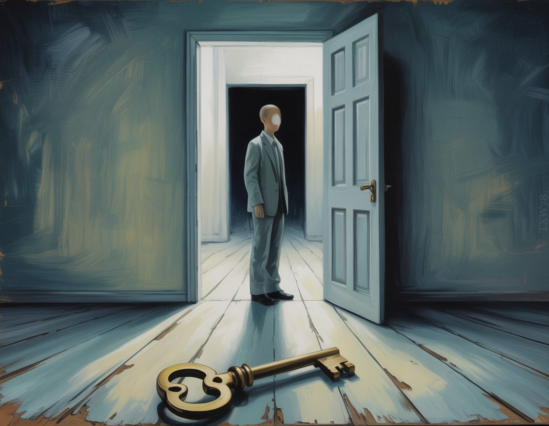 Mysterious Figure in Gray Suit by Open Door with Key