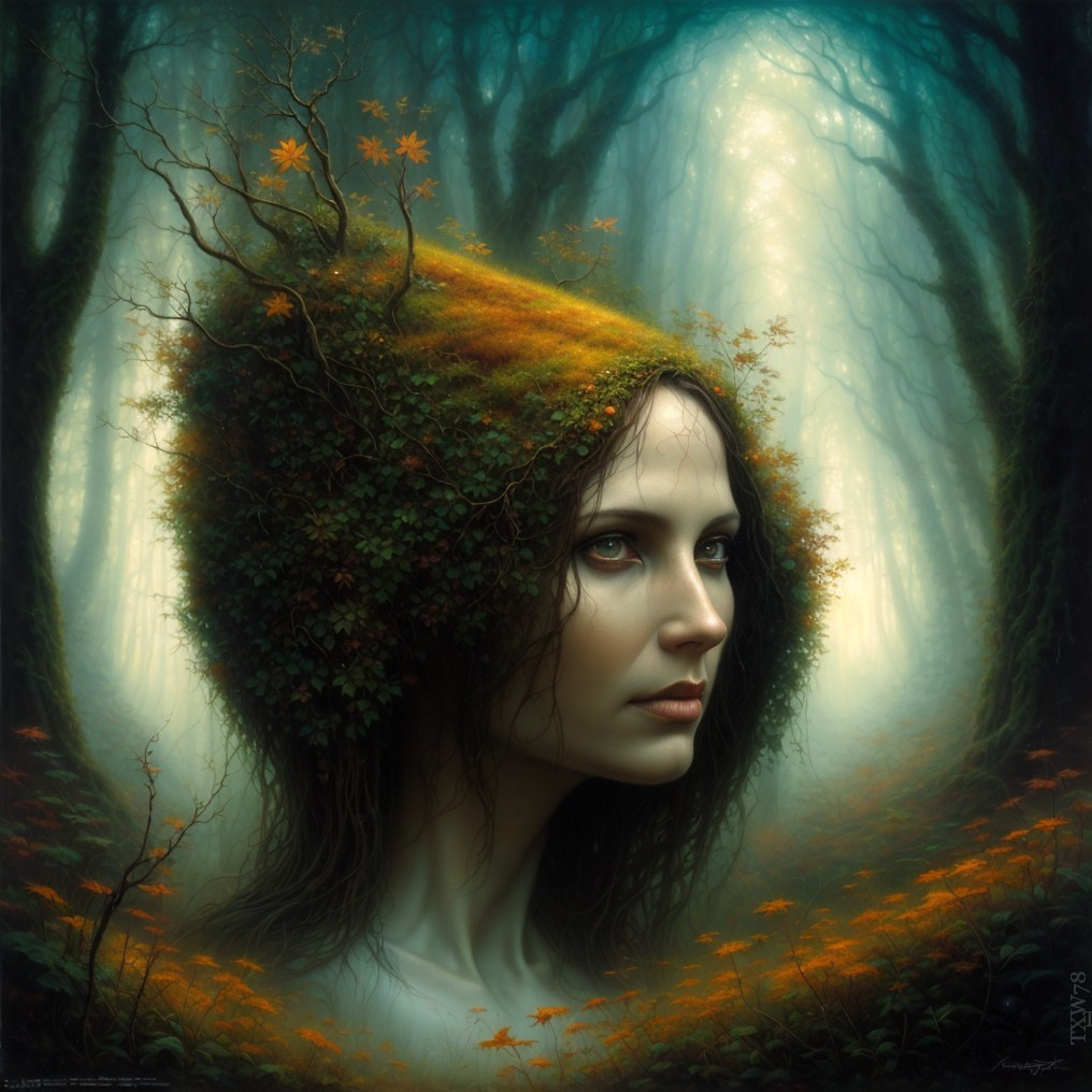 Serene Figure in Mystical Forest with Natural Crown