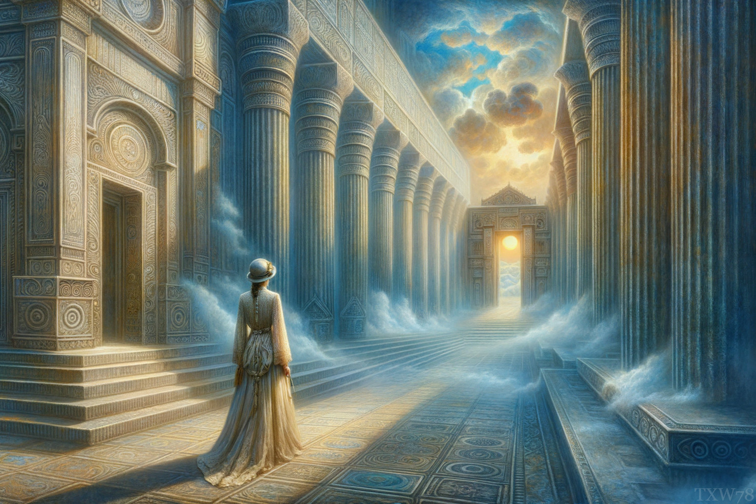 Ethereal Scene in a Grand Temple with Sunlight
