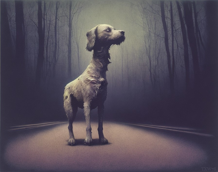 Wet dog in dimly lit forest with fog and bare trees