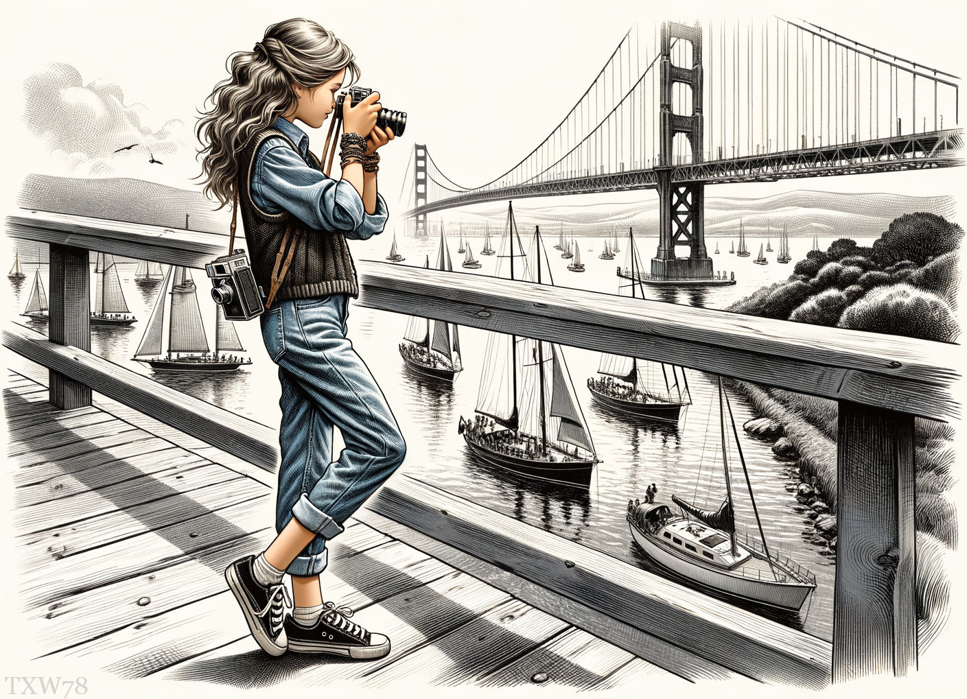 Young Girl Photographing Golden Gate Bridge Scene