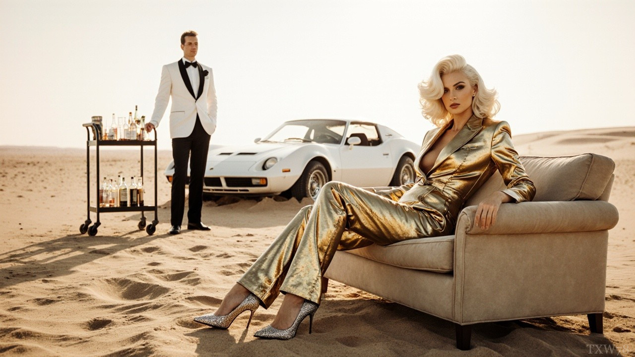 Desert Glamour: Woman in Gold Suit and Vintage Car