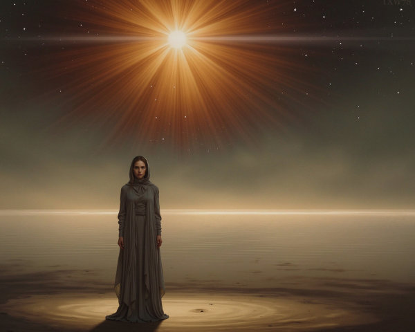Solitary Figure on Tranquil Shoreline at Sunset