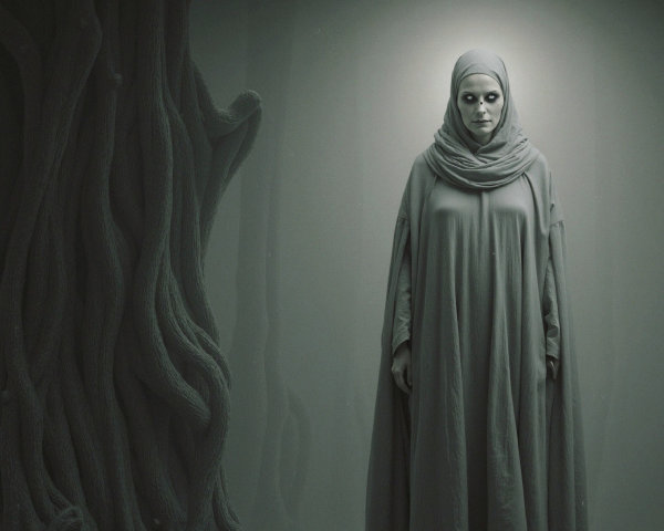 Mysterious Figure in Ethereal Gray Robe and Surreal Setting