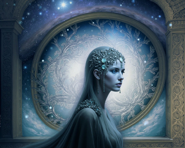 Ethereal Figure with Jewelry in Cosmic Background