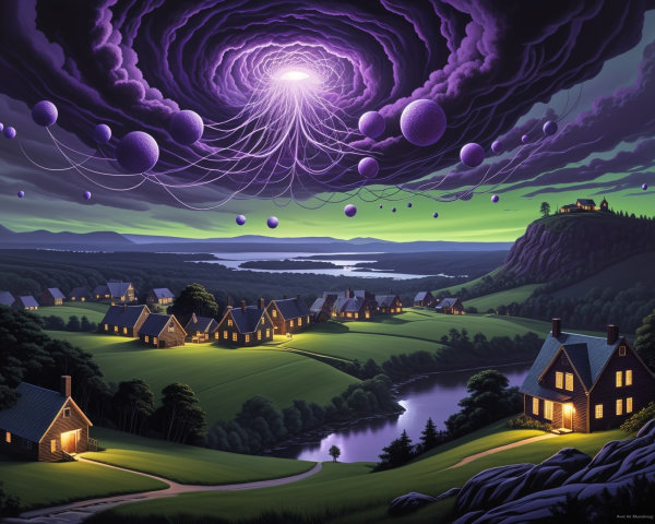 Surreal Landscape with Quaint Houses and Dramatic Sky