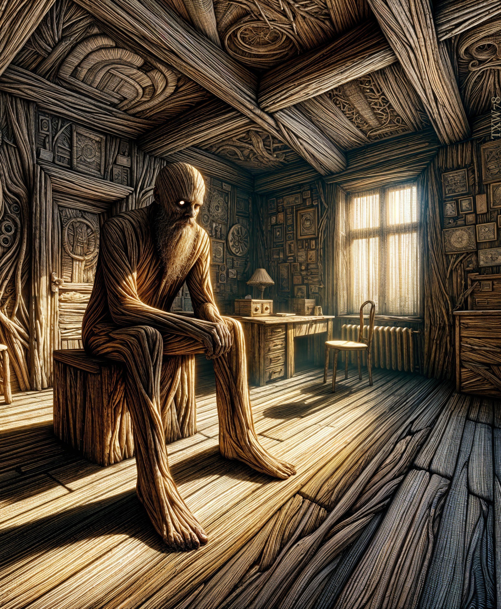 Wooden Figure in Cozy Rustic Room with Artworks