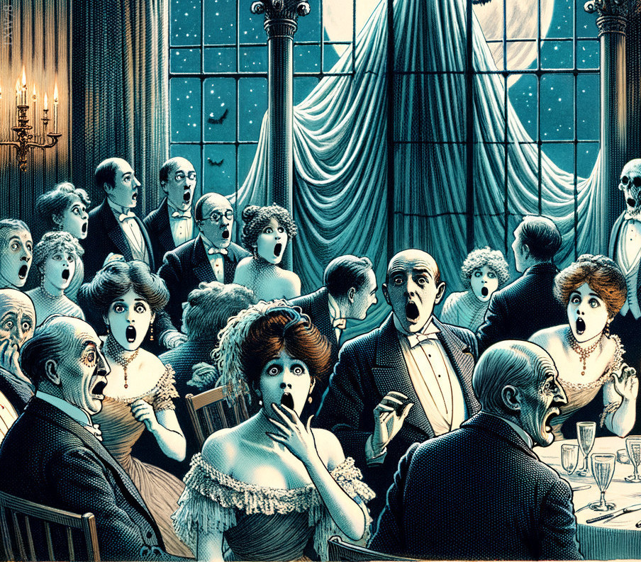 Vintage Illustration of Shocked Dinner Party Guests