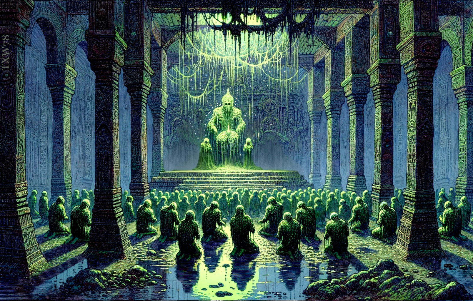 Mystical Temple with Colossal Green Figure on Throne