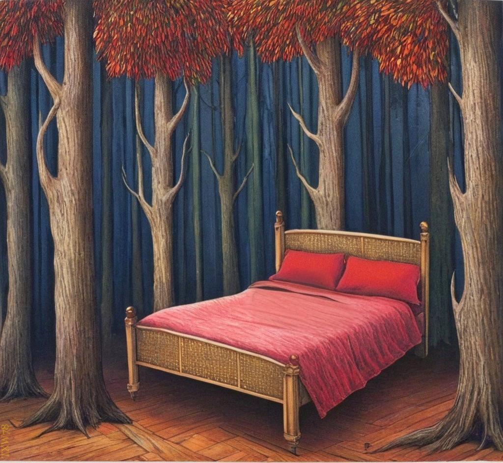 Wooden Bed with Red Bedding in Surreal Forest Setting