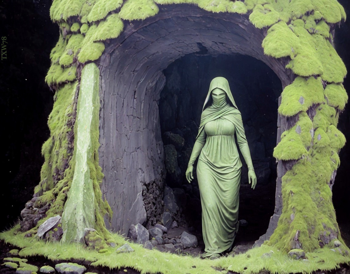 Mysterious Figure in Green Robe at Mossy Cave Entrance