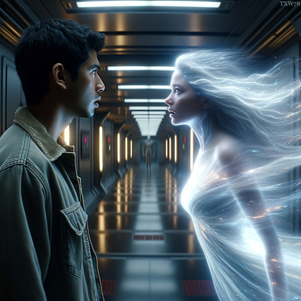 Futuristic Corridor Encounter with Luminous Figure