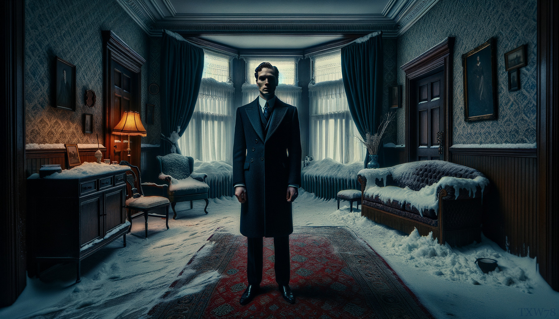 Man in Classic Suit Stands in Vintage Snow-Filled Room