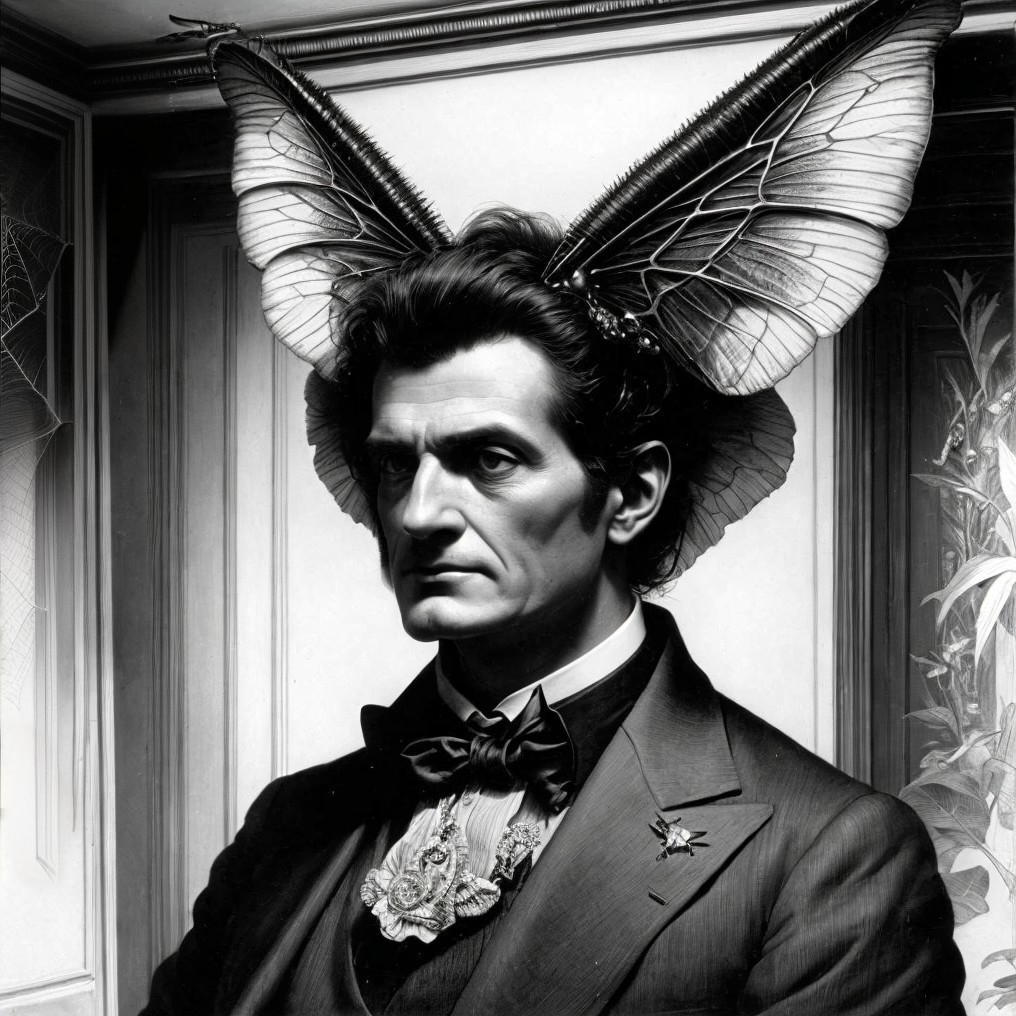 Monochrome artistic portrait of man with insect-like antennae in suit