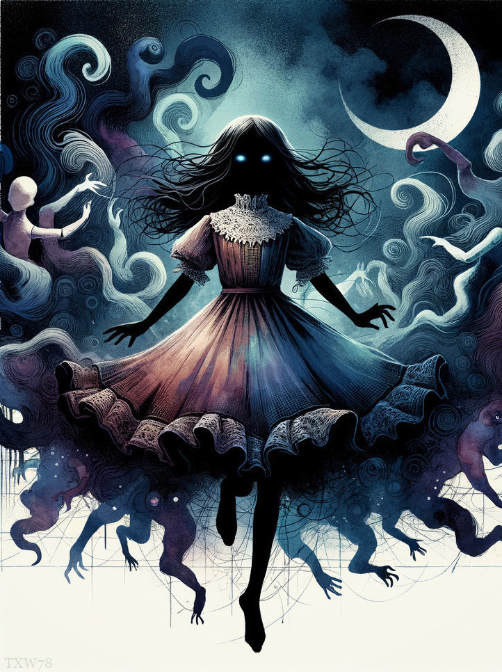 Haunting Figure in Frilly Dress with Eerie Backdrop