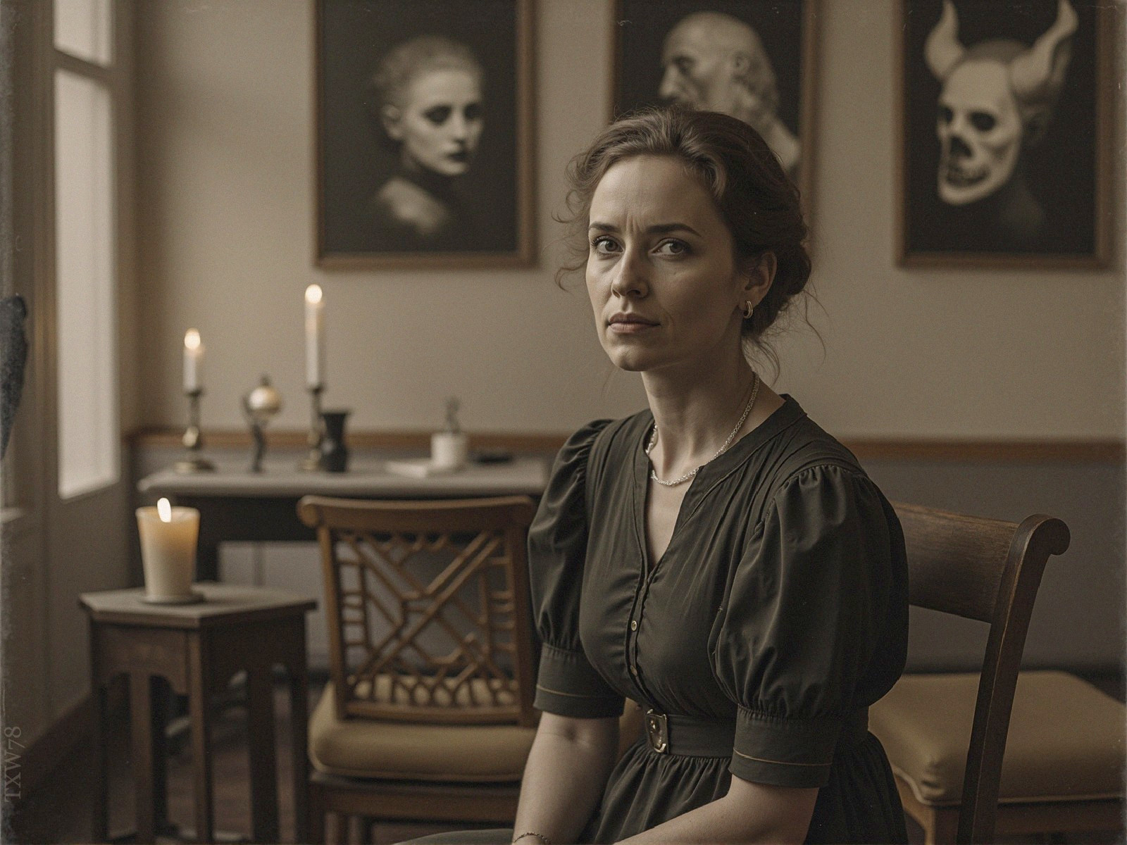Calm Woman in Vintage Dress Surrounded by Eerie Art