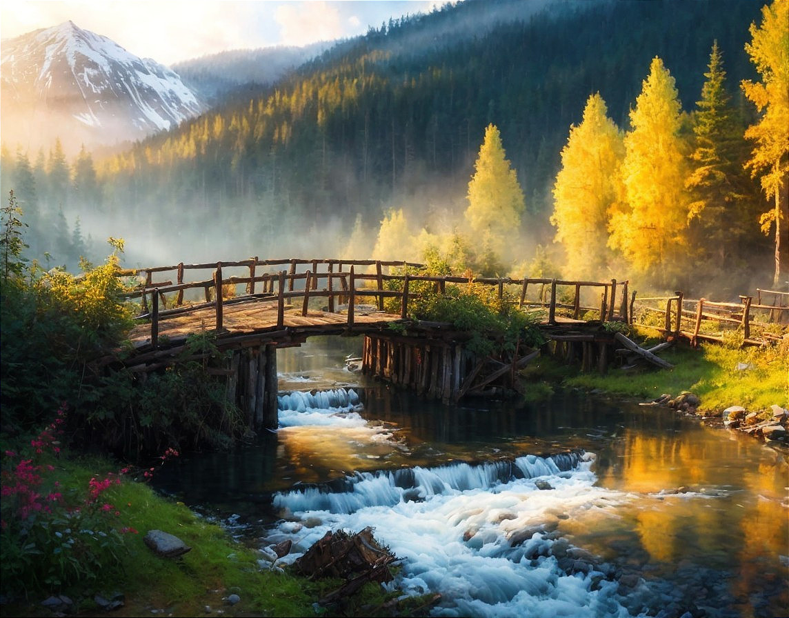 Rustic Bridge Over Stream with Lush Greenery and Mountains