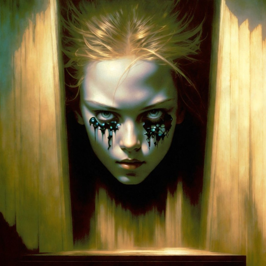 Haunting Face with Dark Tears in Shadowy Frame