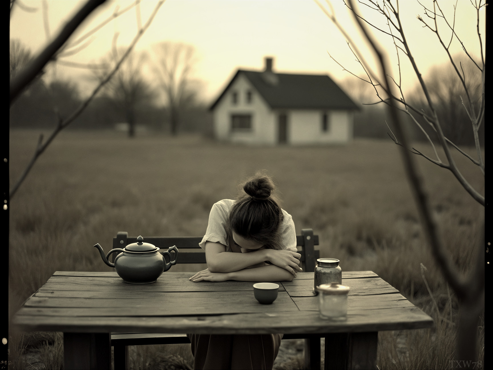 Young Woman at Rustic Table in Serene Landscape