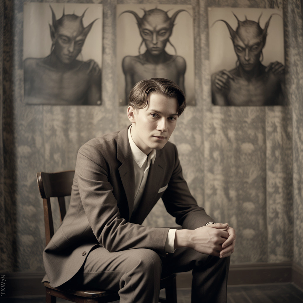 Young man in suit with eerie black-and-white portraits