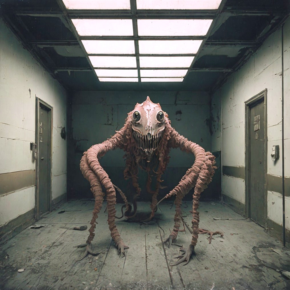 Surreal creature with tentacle limbs in abandoned room