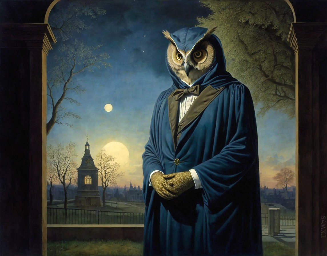 Anthropomorphic Owl in Blue Cloak Under Moonlight