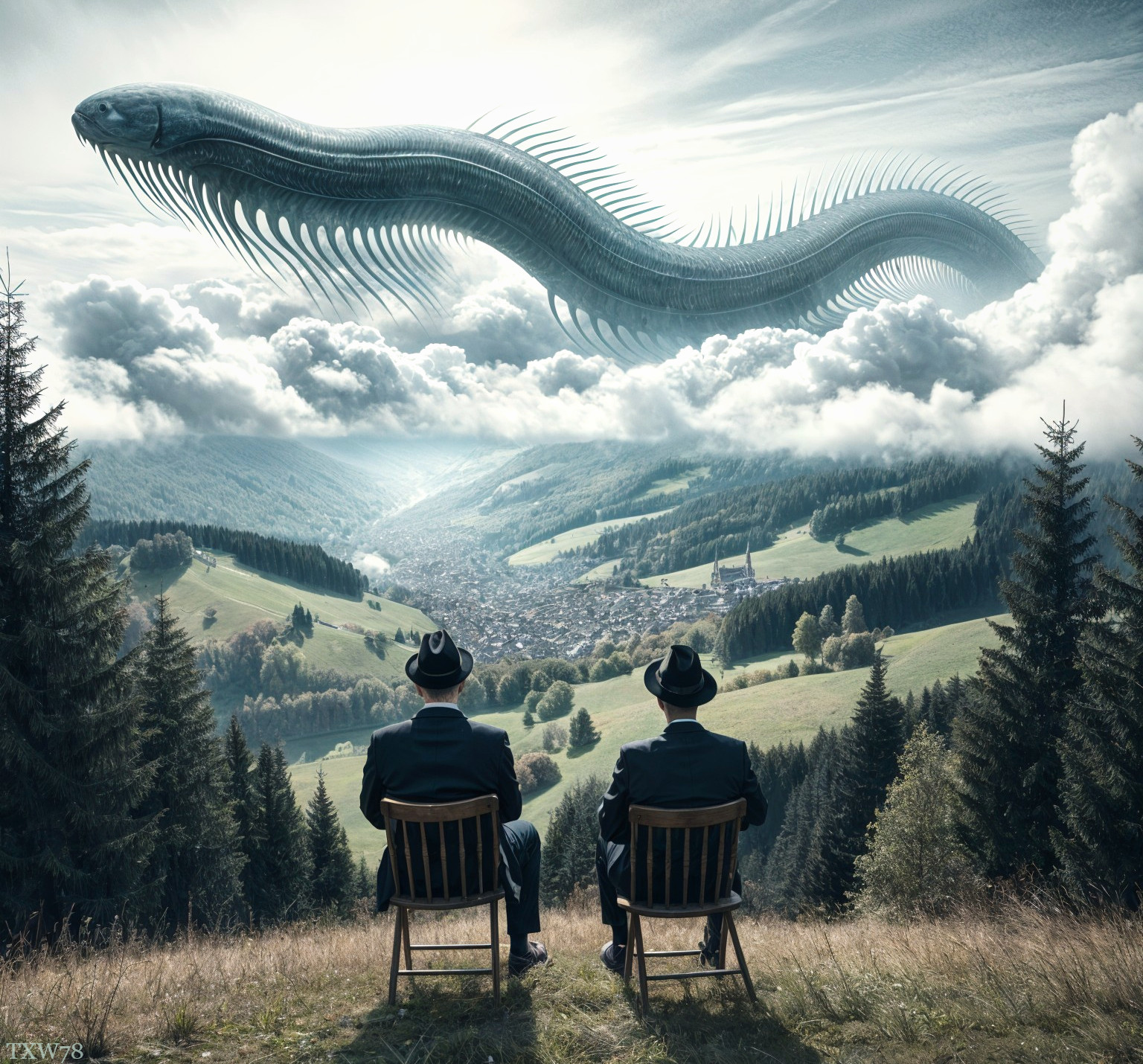 Surreal Scene of Men Watching Ethereal Serpent in Valley