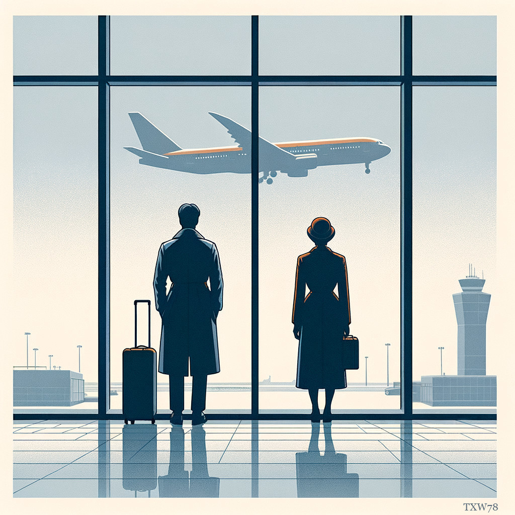 Vintage Airport Scene with Couple and Airplane
