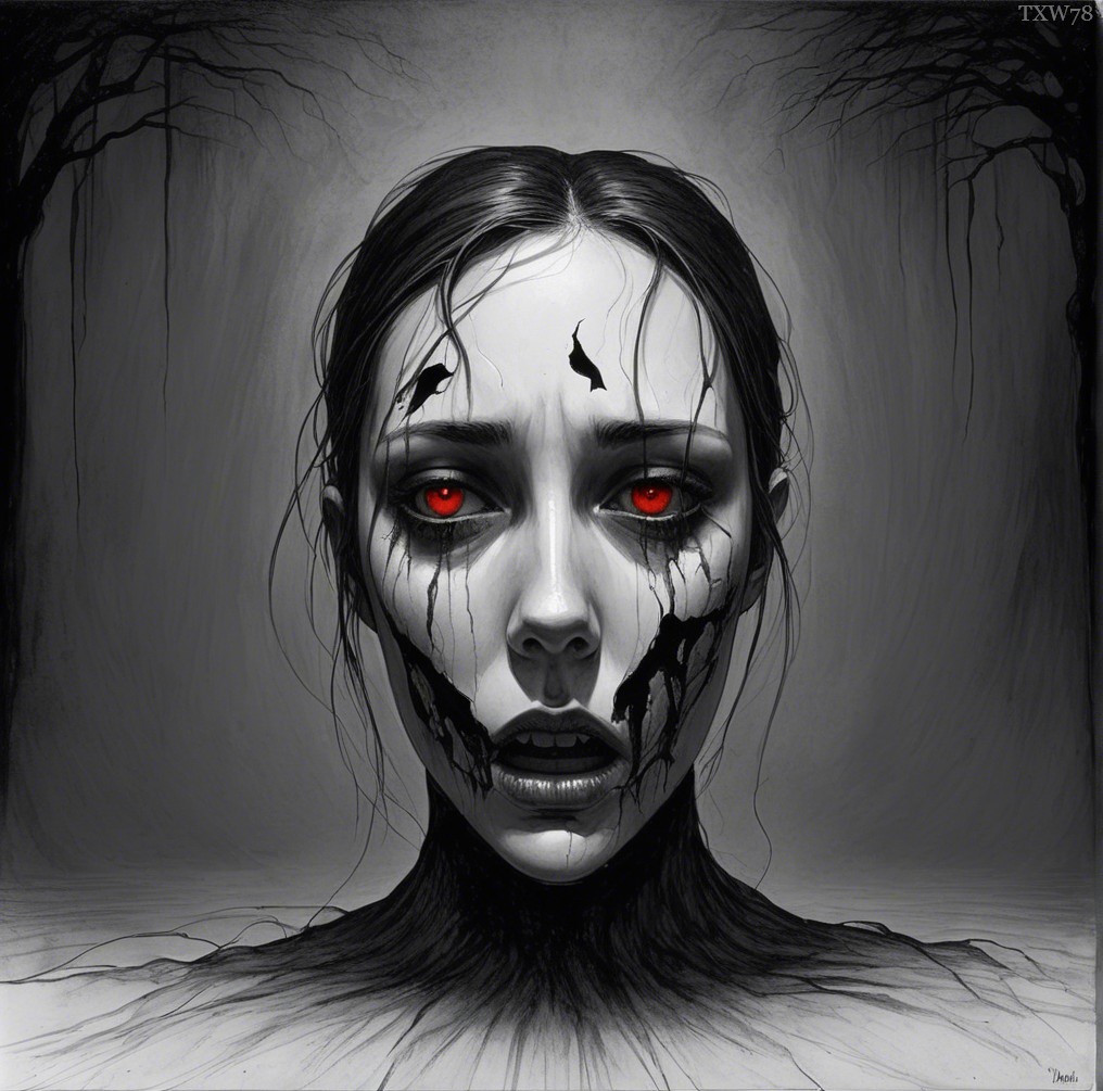 Haunting Female Figure with Red Eyes and Dark Background