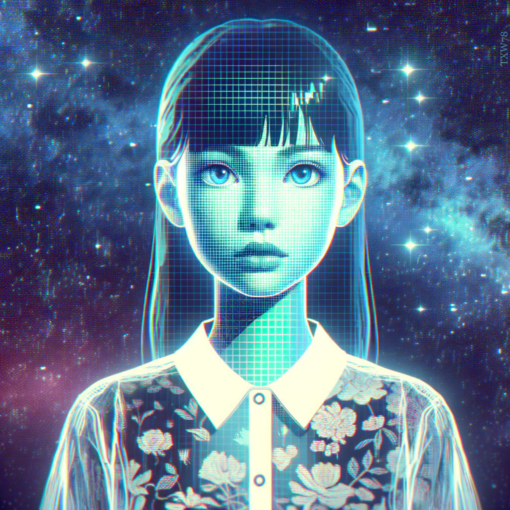 Digital art featuring a girl with blue eyes and black hair in a cosmic setting