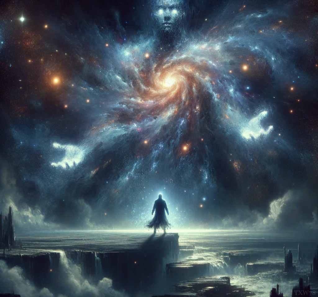 Silhouette on Cliff Gazes at Cosmic Galaxy Landscape