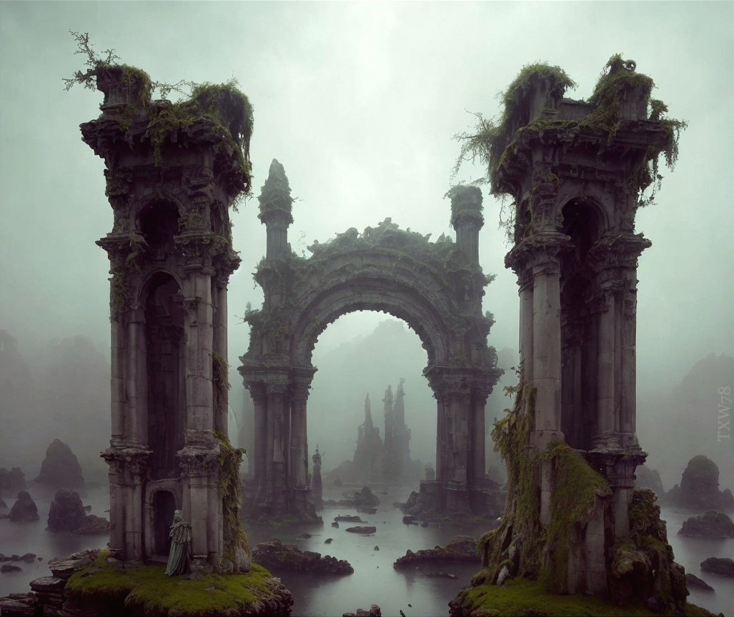 Ancient Ruin Surrounded by Misty Landscape and Water