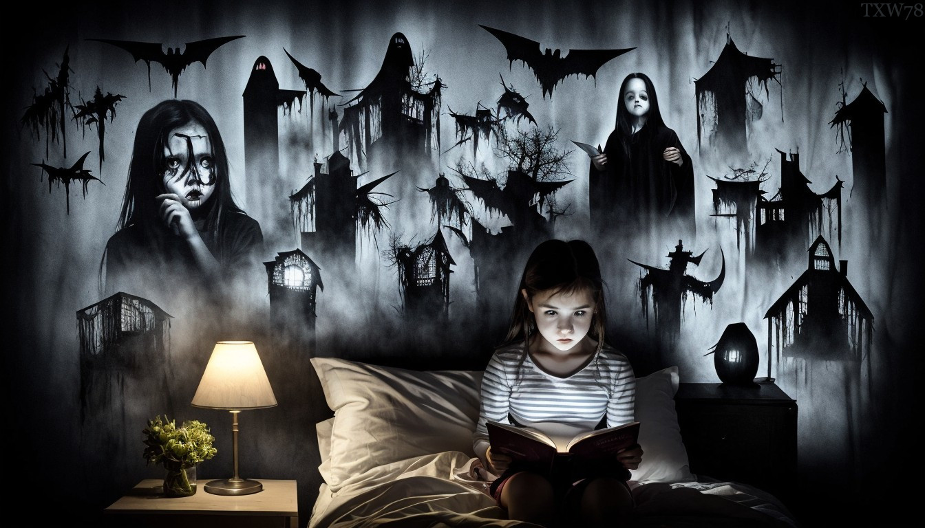 Child Reading in Bed with Eerie Wall Illustrations