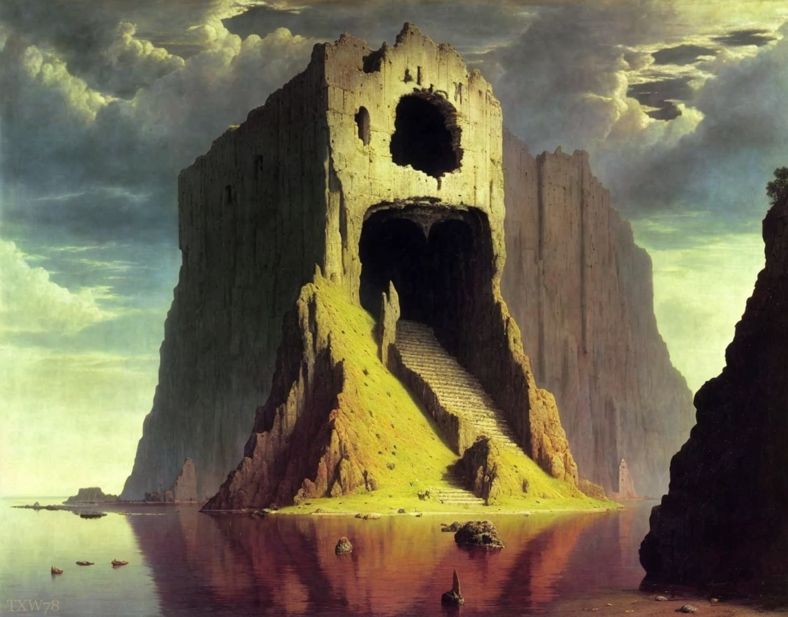 Majestic painting of colossal cliff with castle-like opening above serene sea