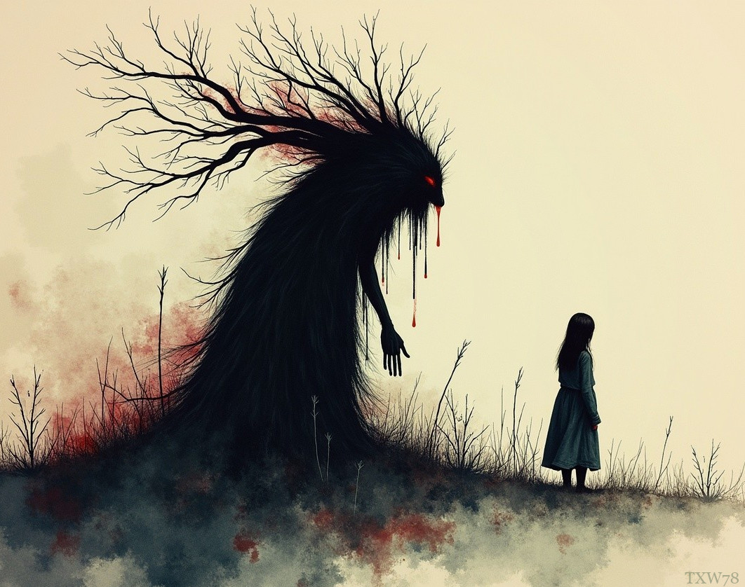 Shadowy Figure Overlooks Girl in Desolate Landscape