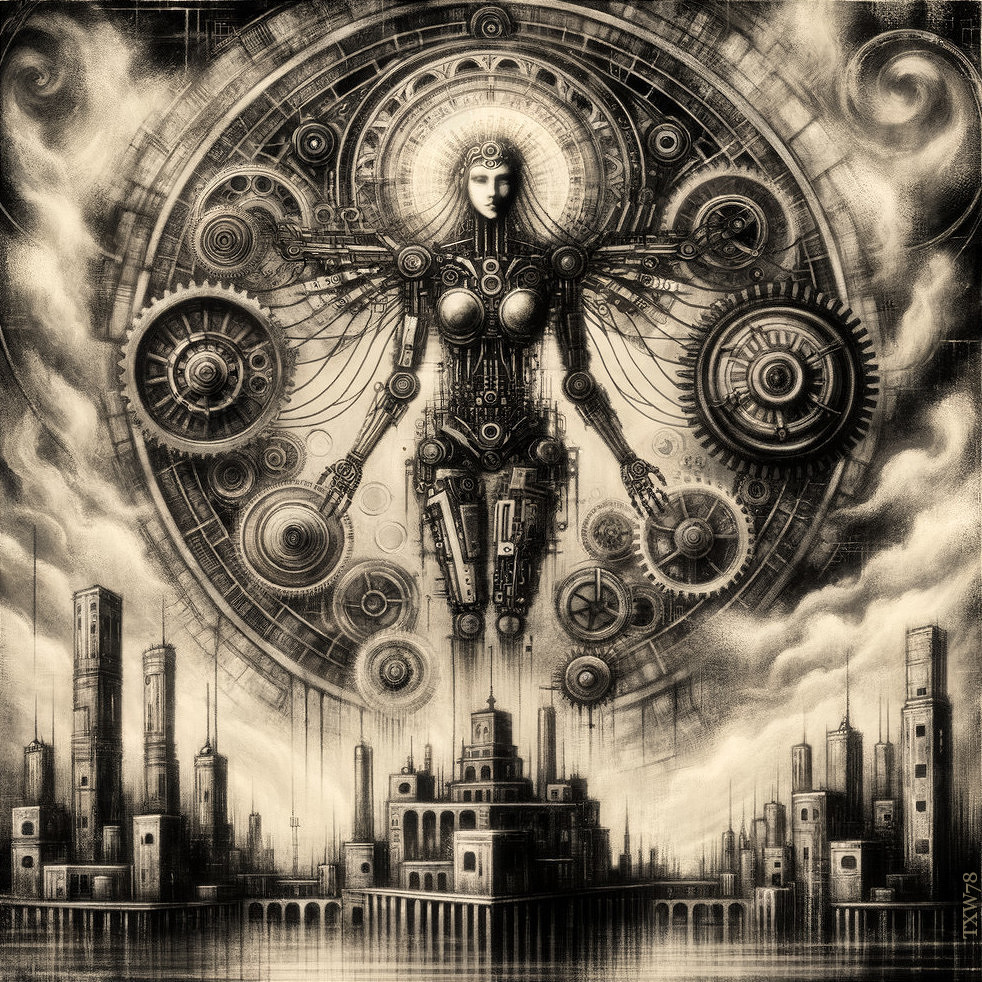 Monochrome steampunk artwork: central figure with mechanical wings amidst gears and industrial towers