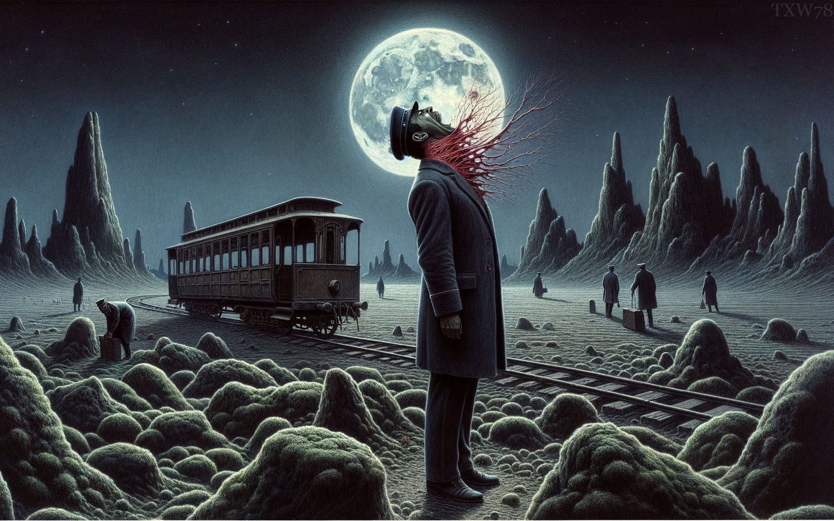 Surreal Moonlit Landscape with Eerie Figures and Train
