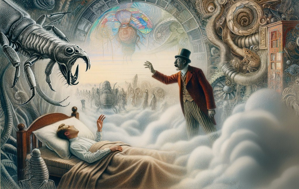 Sleeping person and fantasy creatures in surreal scene with swirling clouds.