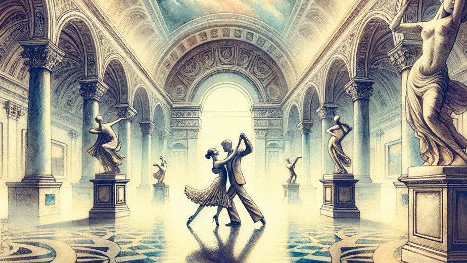 Classical ballroom with elegant couple dancing