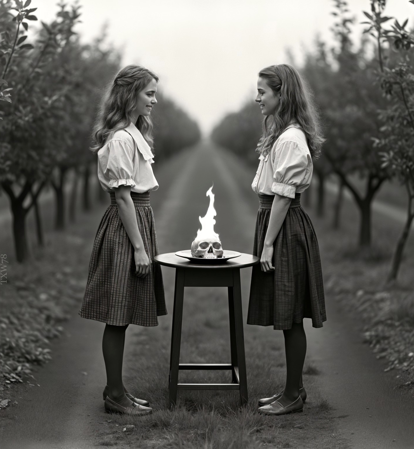 Vintage Attire Girls with Skull and Flame in Landscape