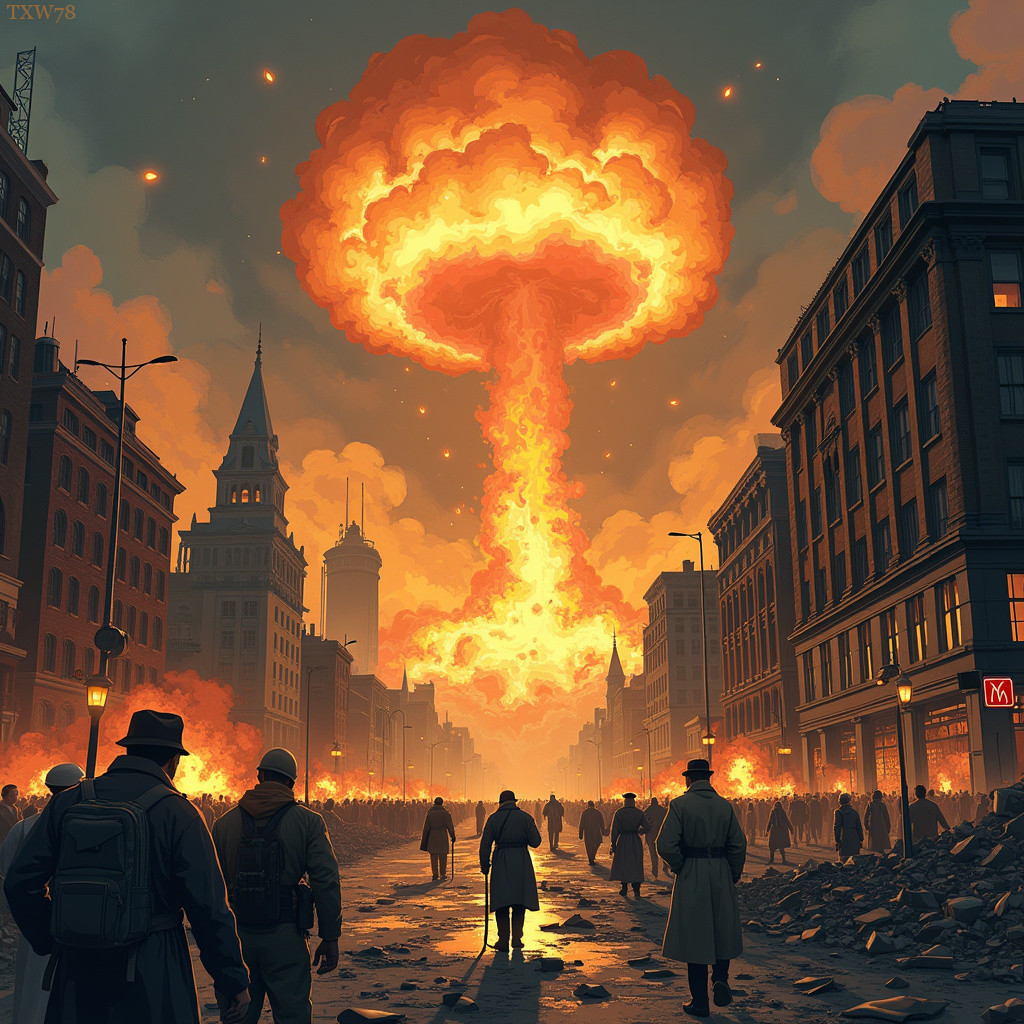City in Chaos with Mushroom Cloud and Silhouetted Figures