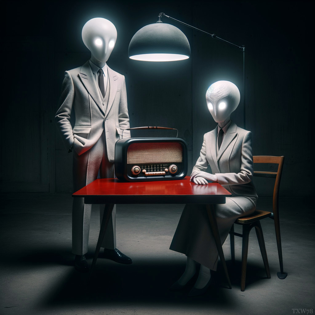 Surreal Scene of Figures at a Red Table with Radio