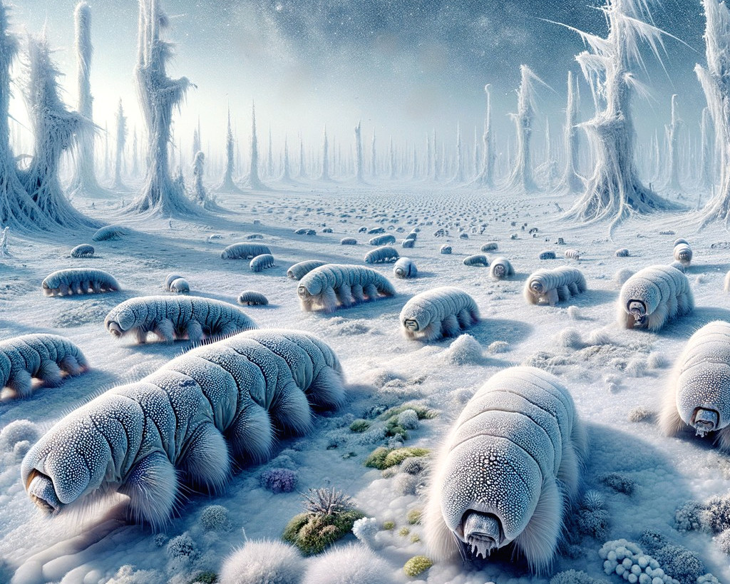 Surreal Winter Landscape with Frost-Covered Tardigrades